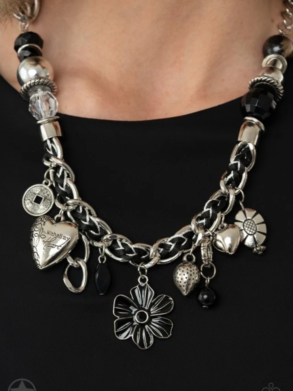 Silver-Tone Black Charm Flower Necklace